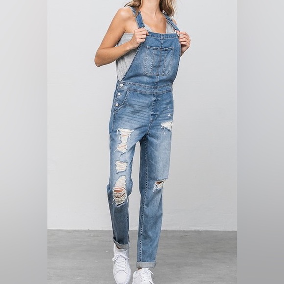 NWT Insane Gene Medium Wash Distressed Denim Overalls - Picture 5 of 8